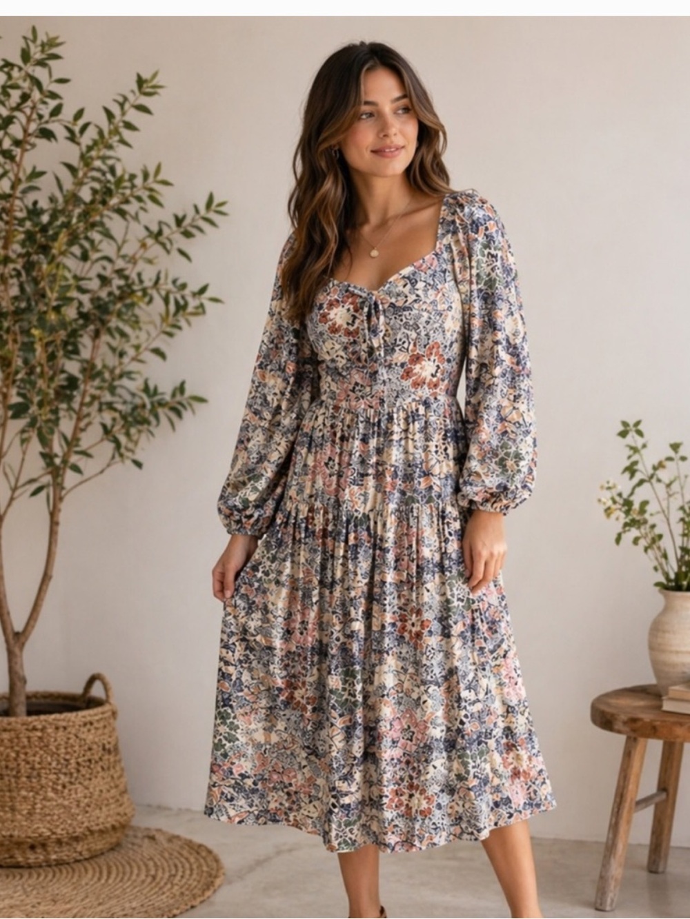 NWOT Anthropologie Moon River Puff Sleeves Tie Back Tiered Midi Dress size M